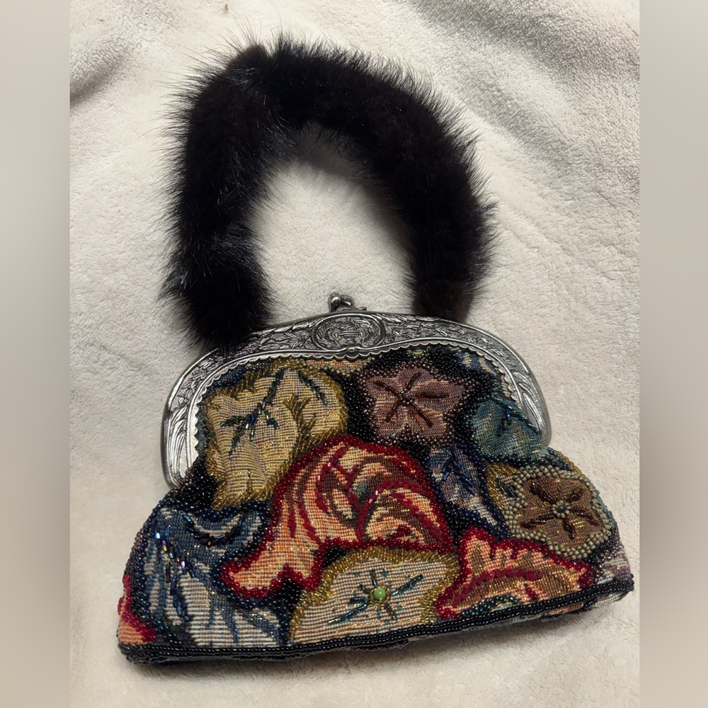 Stephanie brand beaded and fur handle clutch purse